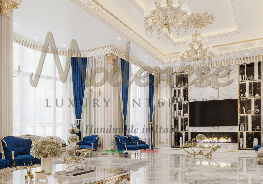 Classic blue fabric armchairs and matching curtains in a Modenese Luxury Interiors elegant living room with fireplace and marble floors