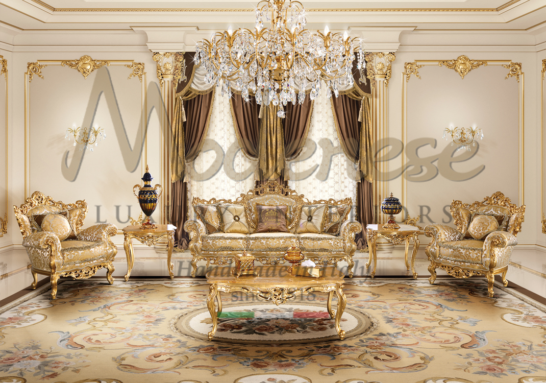 Modenese classic style gold leaf armchairs sofa side tables and coffee table with onyx marble top chandelier and floral carpet