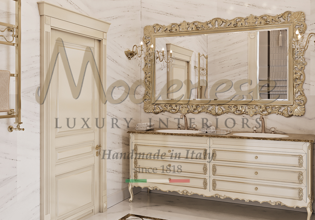 Classic style gold leaf white Modenese sinks with marble top and hand carved gold leaf mirror