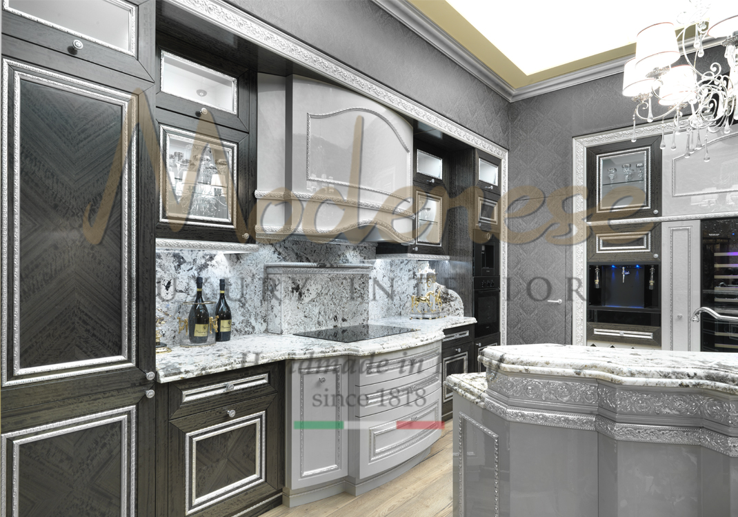 Grey contemporary kitchen with marble and silver leaf decorations Modenese interiors