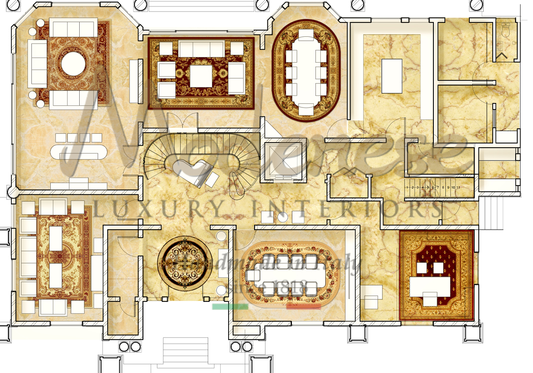 Layout for Modenese interior design of floors and carpets of different rooms