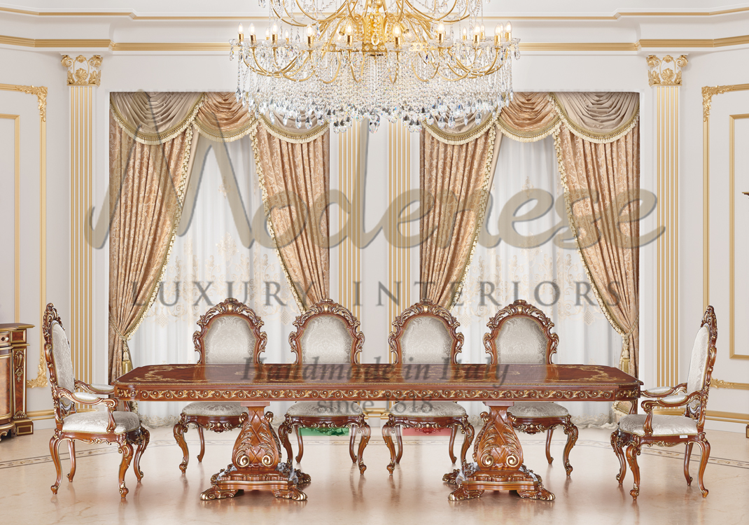 Cream fabric tailor made curtains Modenese hand carved dining table and 6 walnut chairs with white fabric