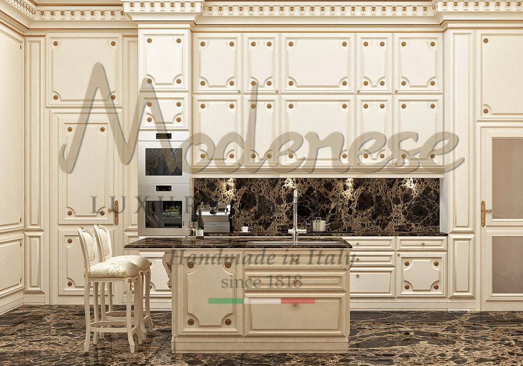 Modenese classic style kitchen with ivory island and Emperador dark marble counter and floor and 2 white pattern fabric stools