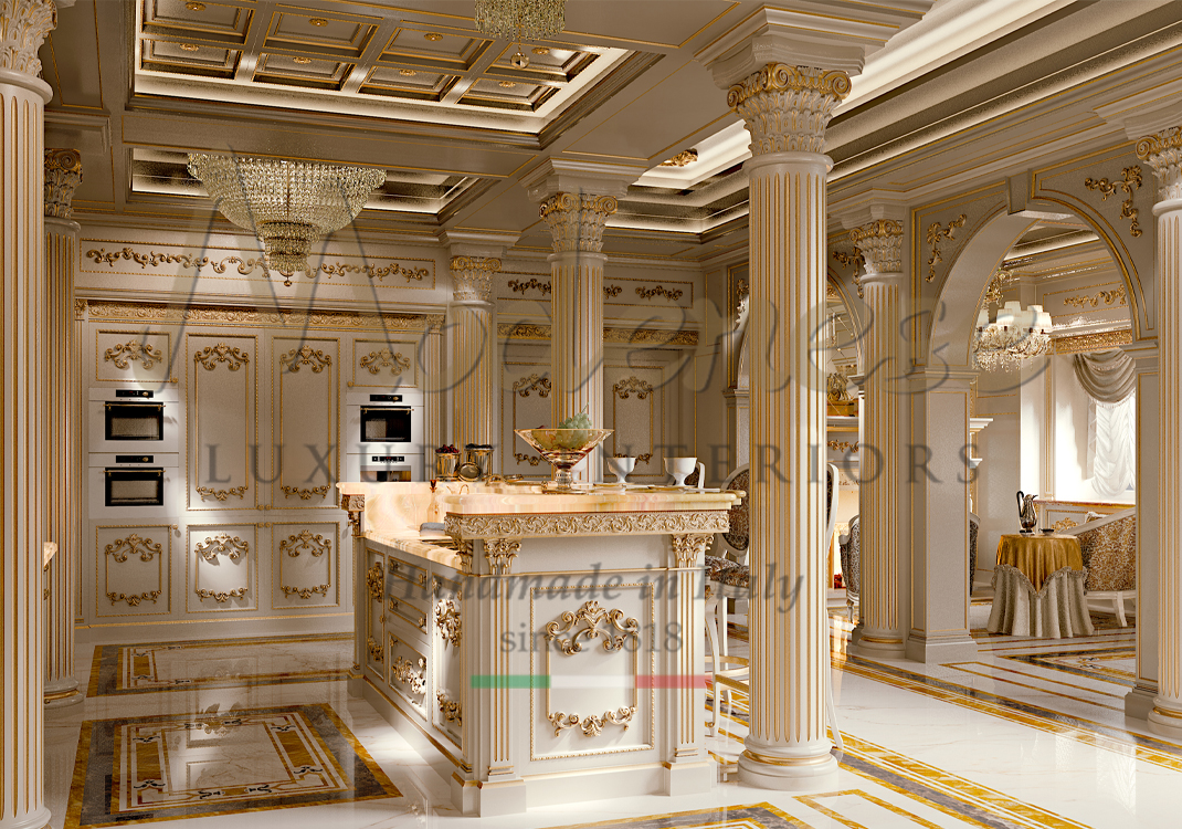 Luxury white and gold details bespoke kitchen with onyx top isle and decorated columns Modenese interior design