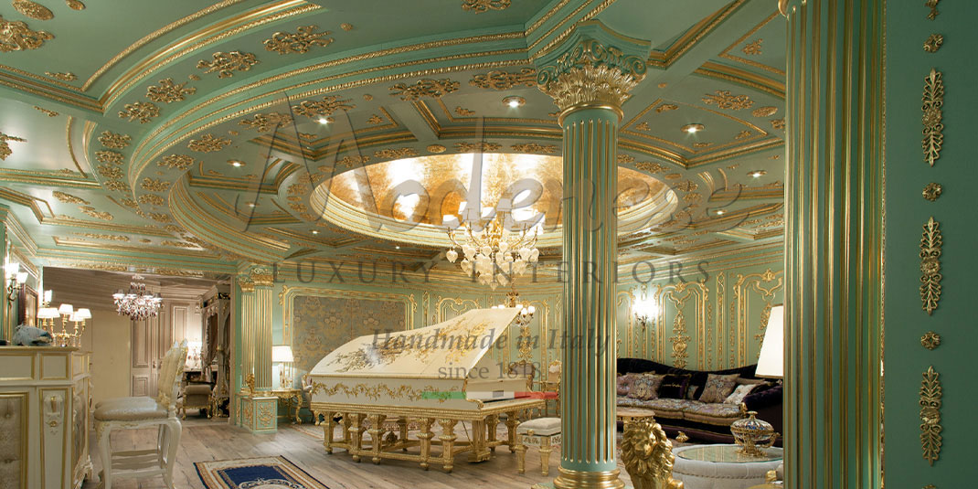 Turquois room with white piano and gold leaf decoration by Modenese Interiors fit out 